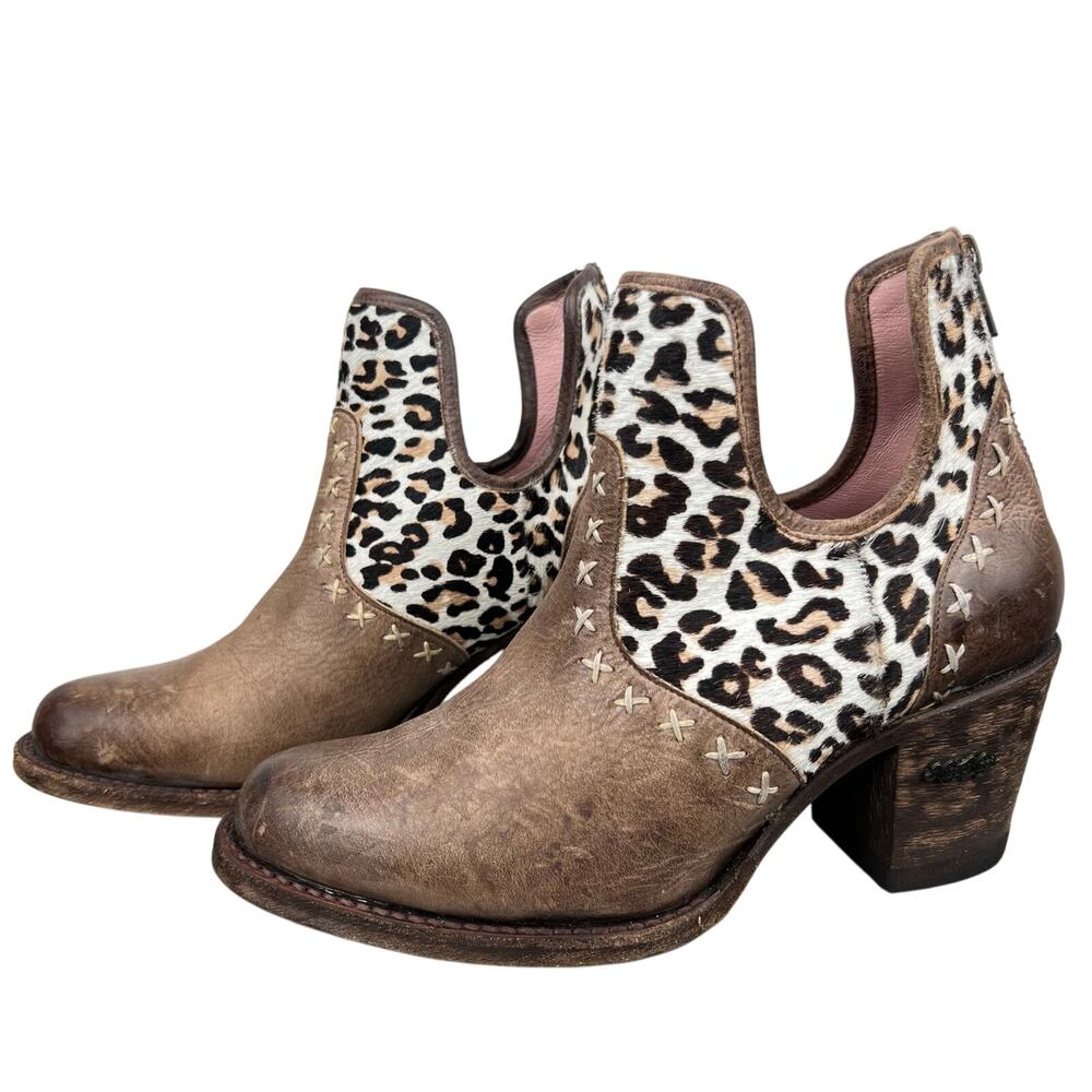 Miss Macie Honey Hush Leopard Leather Ankle Western Cowboy Boot Booties (Sz 8)